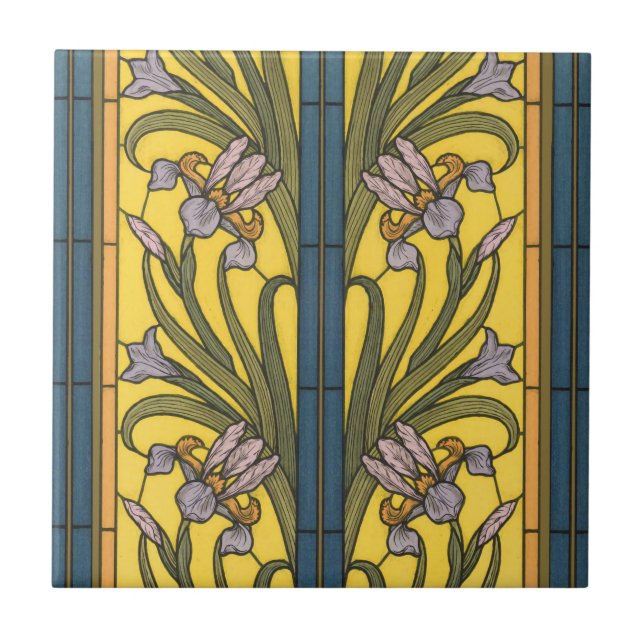 Carreau Iris Fleur Art Nouveau Vitrail Bleu Or (Devant)