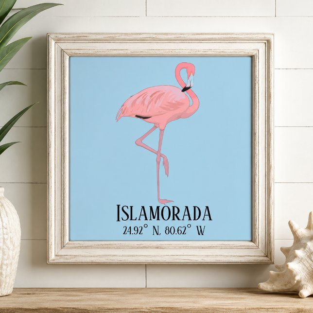 Carreau Islamorada FL Keys Latitude Longitude Beach House  (pink flamingo Islamorada Florida Keys lat long coordinates ceramic tile displayed in frame )