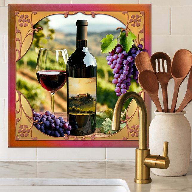 Carreau Italian Wine Themed Tuscan Ceramic Tile (Tile featuring a classic design with a bottle of wine and Italian landscape scenes and grapes)
