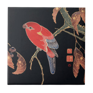 Carreau Ito Jakuchu Red Parrot sur la branche Art japonais