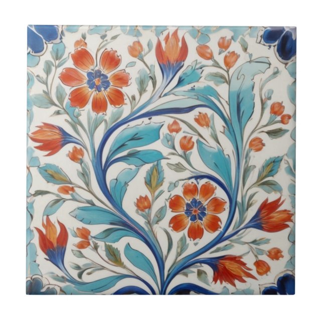 Carreau Iznik Turc Floral Vert Bleu Orange Rouge Fleurs (Devant)