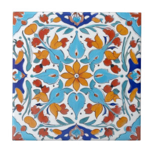 Carreau Iznik Turc Orange Rouge Turquoise Bleu Floral