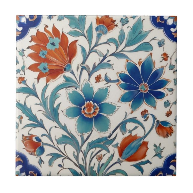 Carreau Iznik Turc Ottoman Floral Bleu & Fleurs rouges (Devant)