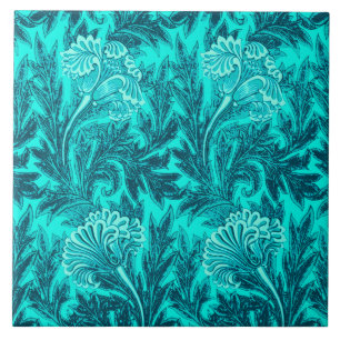 Carreau Jacobean Flower Damask, Turquoise et bleu Turquois