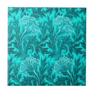 Carreau Jacobean Flower Damask, Turquoise Turquoise et Aqu