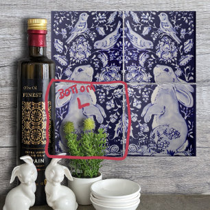 Carreau Jacobean Rabbit Oiseaux Fleurs Bleu Blanc Bas L