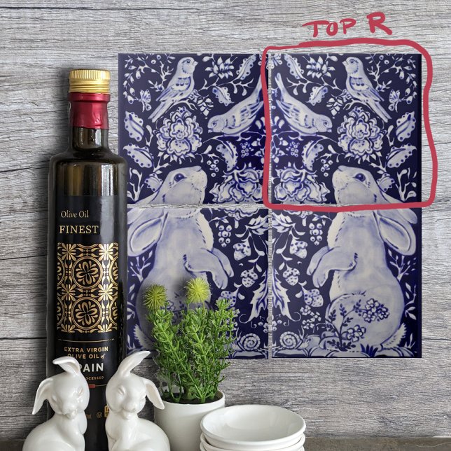 Carreau Jacobean Rabbit Oiseaux Fleurs Bleu Blanc Haut R (Créateur téléchargé)