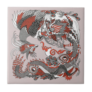 Carreau Jade Dragon et Gold Phoenix jouant avec une perle