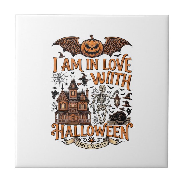 Carreau J'aime Halloween Maison Hantée Squelette Citrouill (Devant)