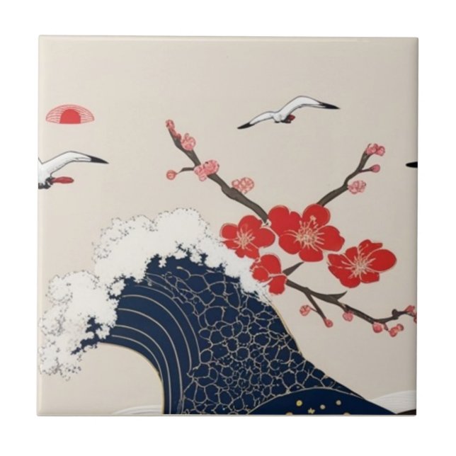Carreau Japanese Waves and Blossoms Ceramic Tile - Piece 6 (Devant)