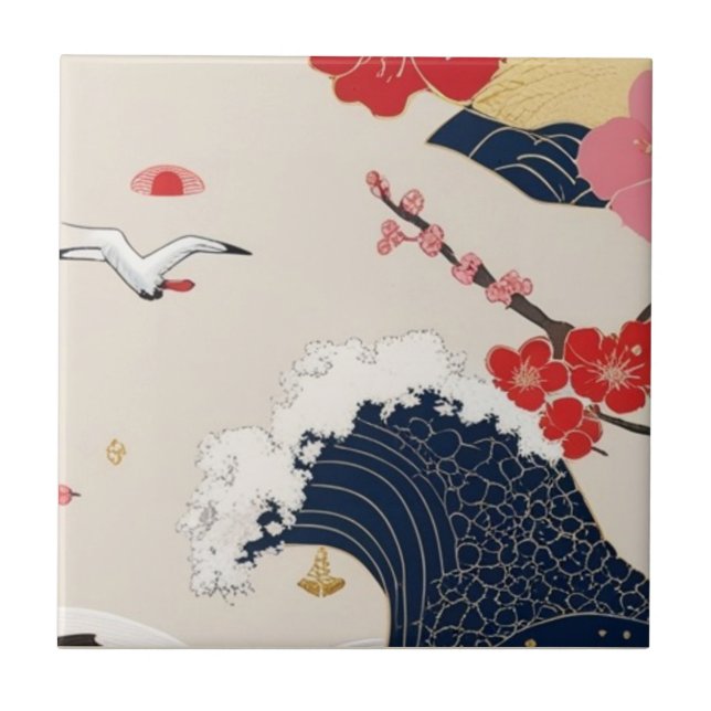 Carreau Japanese Waves and Blossoms Ceramic Tile - Piece 8 (Devant)