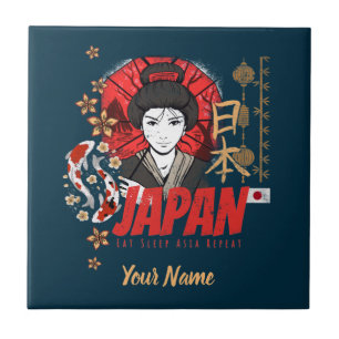 Carreau Japon Vintage Geisha avec drapeau Koi et Lotus Sou