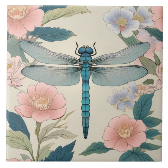 Carreau Japonais Dragonfly Art Pastel Vert & Rose Floral (Devant)