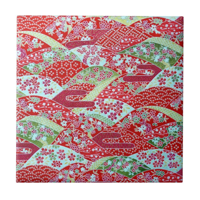 Carreau Japonais Washi Art Rouge Floral Origami Tile Yuzen (Devant)