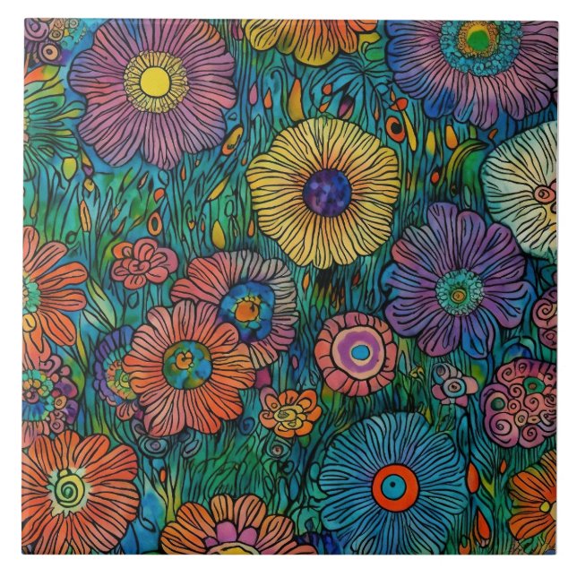 Carreau Jardin à fleurs rétro coloré (Devant)