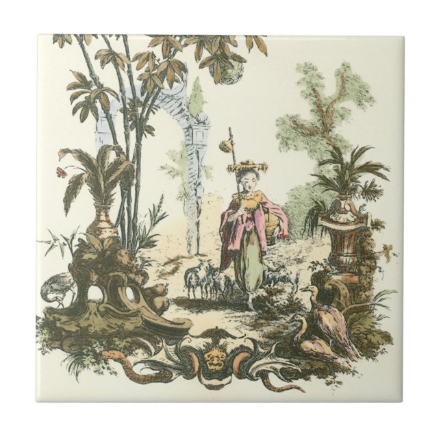 Carreau Jardin asiatique avec femme et animaux (Devant)