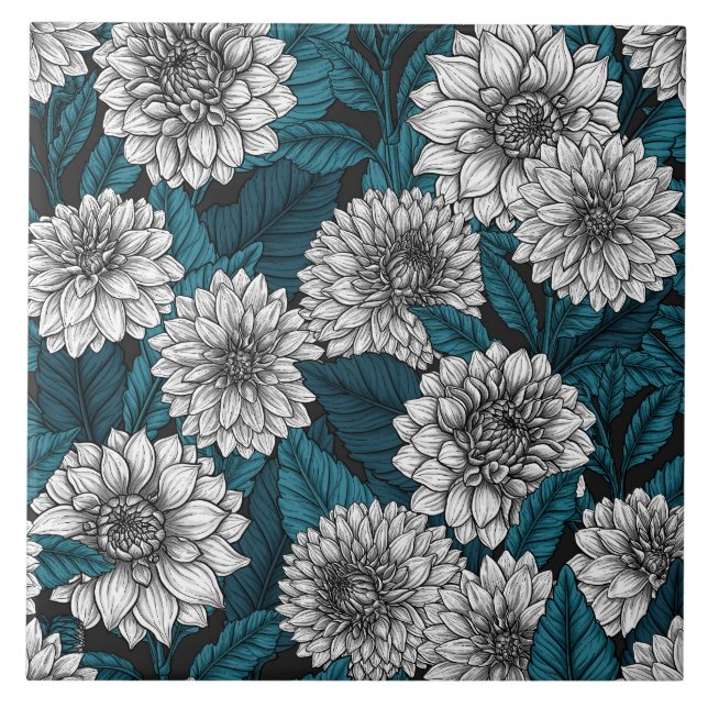 Carreau Jardin blanc Dahlia / feuilles bleus (Devant)