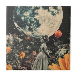 Carreau Jardin céleste de lune Fille florale sépia