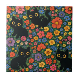 Carreau Jardin d'art Kawaii Motif floral de chat noir mi