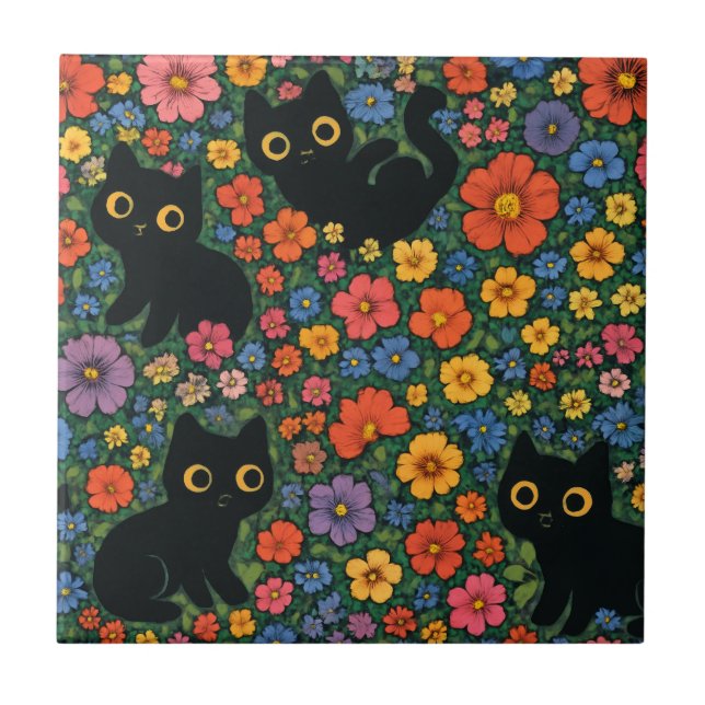 Carreau Jardin d'art Kawaii | Motif floral de chat noir mi (Devant)