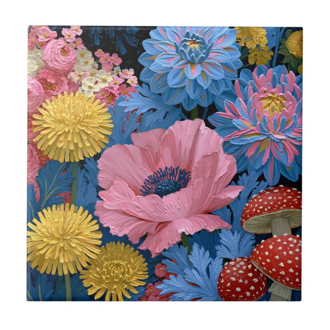 Carreau Jardin de champignons fleuris rose et bleu (Devant)