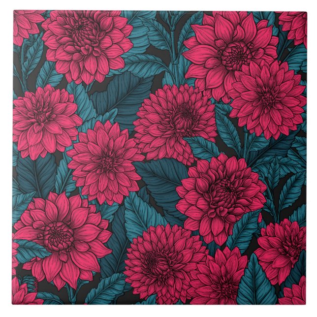 Carreau Jardin de Dahlia Rouge/feuilles bleus (Devant)