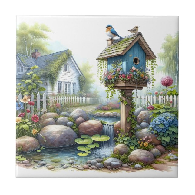 Carreau Jardin de maisonnette à l'aquarelle avec nichoir à (Devant)