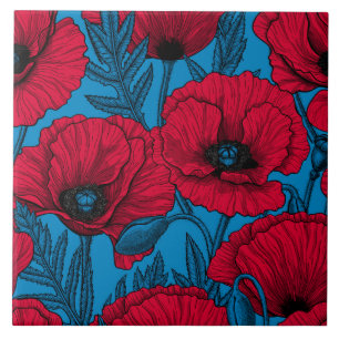 Carreau Jardin de pavot rouge sur bleu