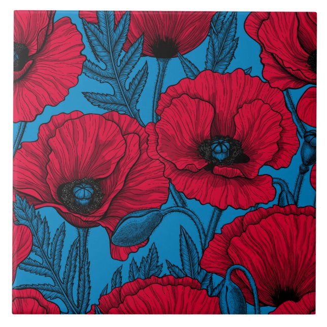 Carreau Jardin de pavot rouge sur bleu (Devant)