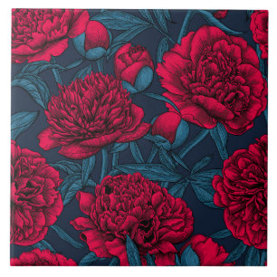 Carreau Jardin de pivoine rouge sur bleu foncé