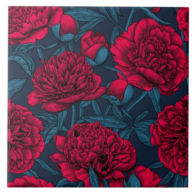 Carreau Jardin de pivoine rouge sur bleu foncé (Devant)