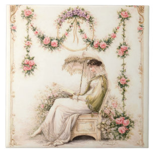 Carreau Jardin de roses Regency lisant une dame