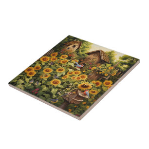 Carreau Jardin de tournesols 12 Nids d'oiseaux Oiseaux ble
