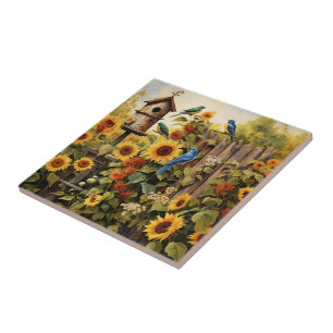 Carreau Jardin de Tournesols 5 Nids d'Oiseaux Oiseaux Bleu