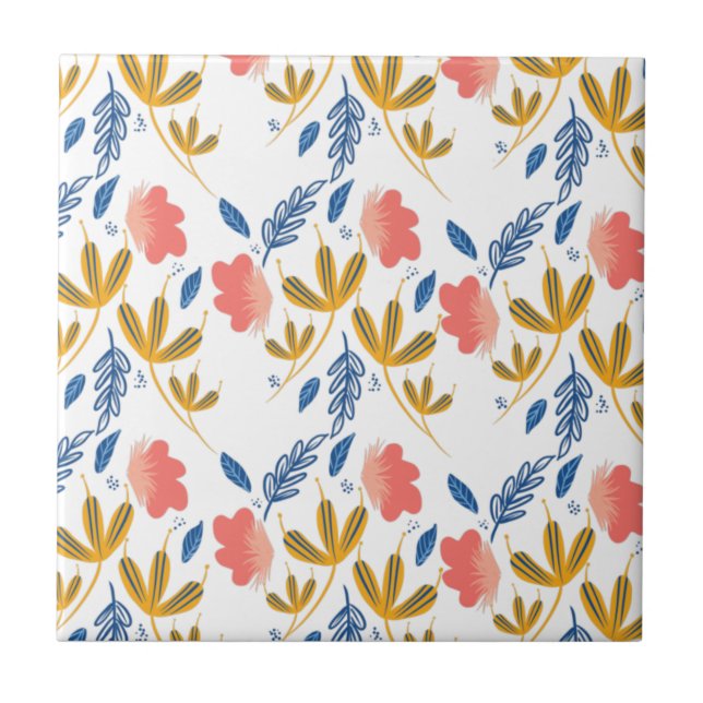 Carreau Jardin d'été Corail Floral Bleu Jaune  (Devant)