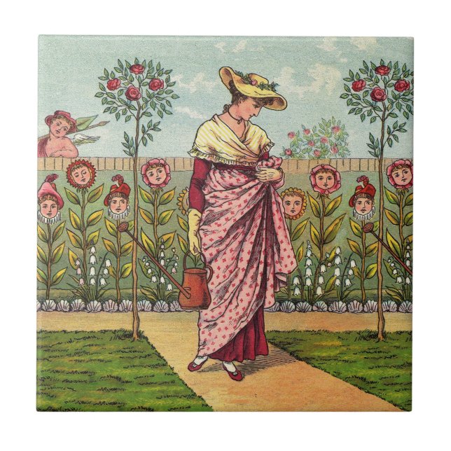 Carreau Jardin Fleurir Femme Art Antique (Devant)