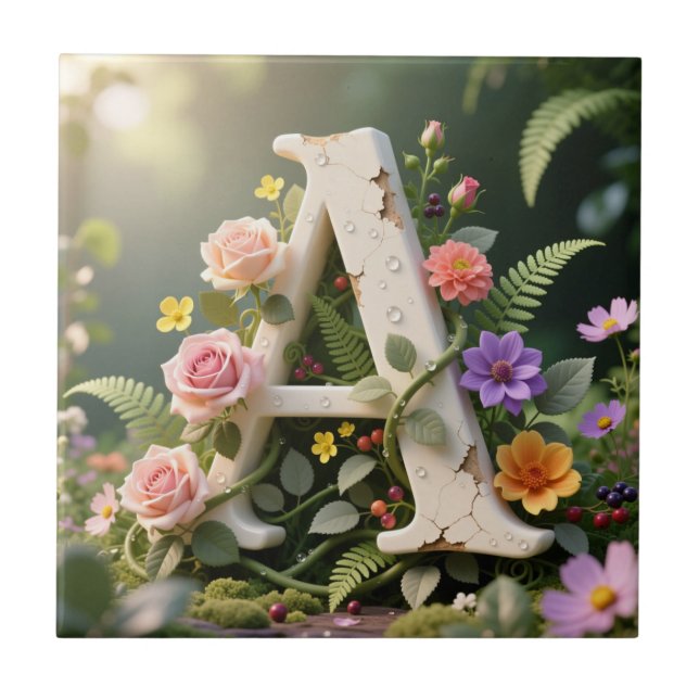 Carreau Jardin Floral Blanc Monogramme Lettre A (Devant)