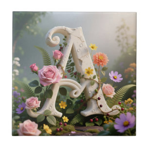 Carreau Jardin Floral Blanc Monogramme Lettre A