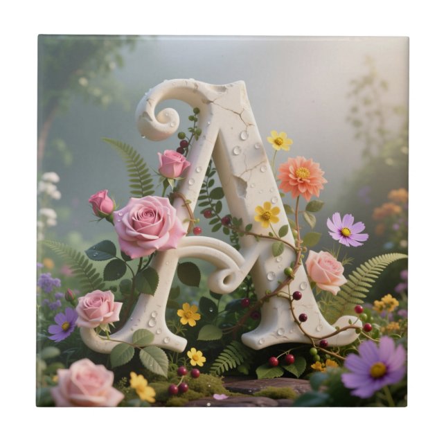 Carreau Jardin Floral Blanc Monogramme Lettre A (Devant)