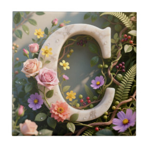 Carreau Jardin Floral Blanc Monogramme Lettre C