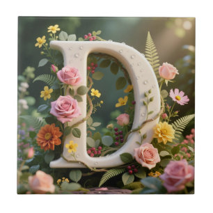 Carreau Jardin Floral Blanc Monogramme Lettre D