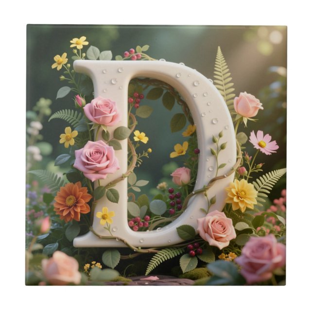 Carreau Jardin Floral Blanc Monogramme Lettre D (Devant)