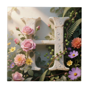 Carreau Jardin Floral Blanc Monogramme Lettre H