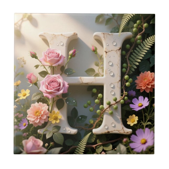 Carreau Jardin Floral Blanc Monogramme Lettre H (Devant)