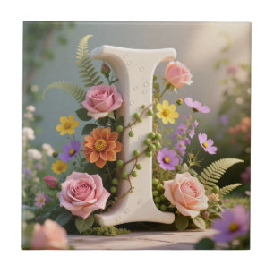Carreau Jardin Floral Blanc Monogramme Lettre I