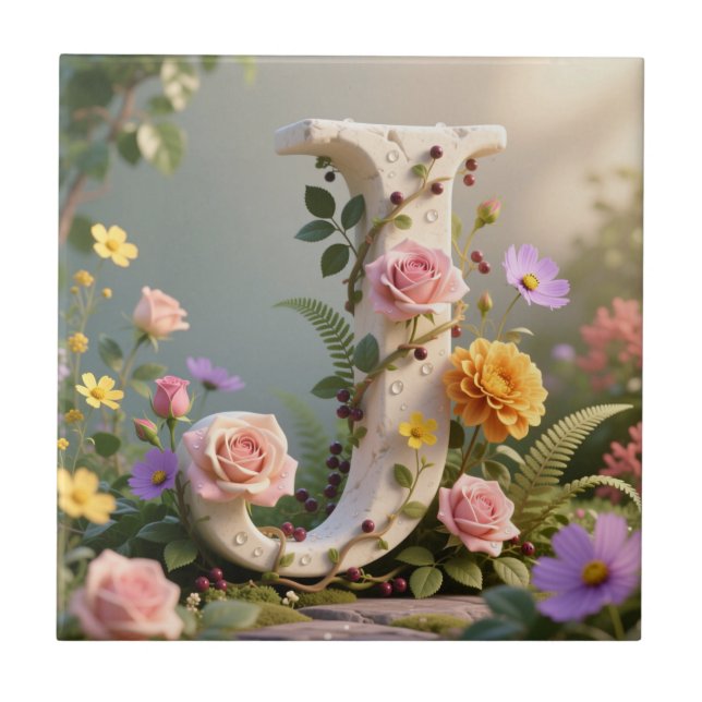 Carreau Jardin Floral Blanc Monogramme Lettre J (Devant)