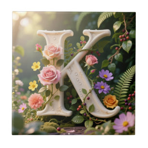 Carreau Jardin Floral Blanc Monogramme Lettre K