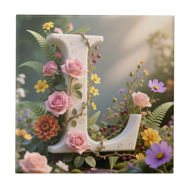 Carreau Jardin Floral Blanc Monogramme Lettre L (Devant)
