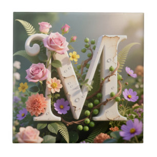 Carreau Jardin Floral Blanc Monogramme Lettre M