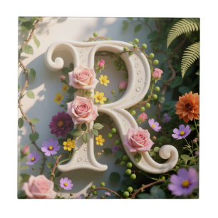 Carreau Jardin Floral Blanc Monogramme Lettre R